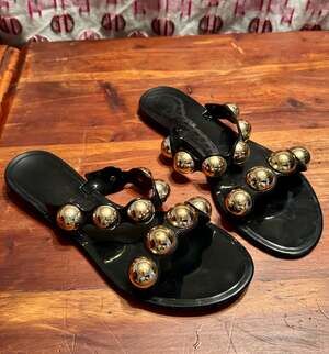 Steve Madden Black Gold Studded Jelly Sandals | Y2K Euro Summer Statement Slides